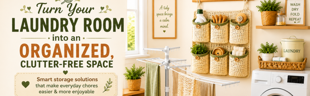 Crochet laundry room wall organizer with storage pockets for detergent, brushes, clothespins, and laundry essentials.