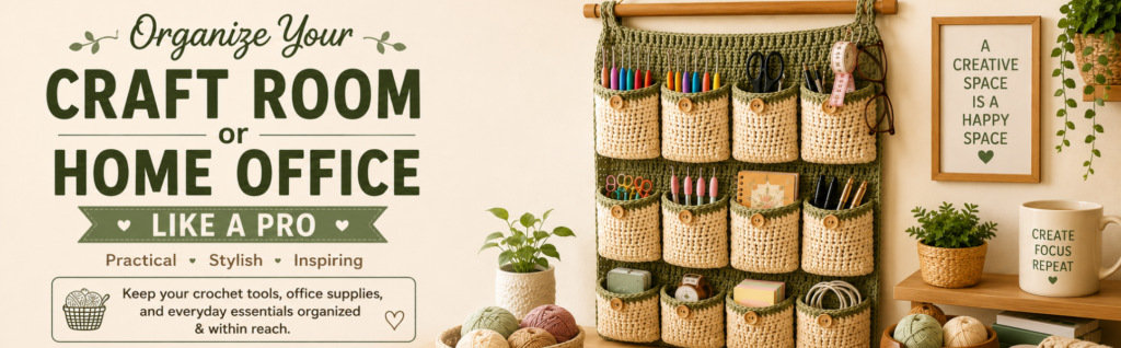 Crochet wall organizer for craft room and home office to store crochet hooks, pens, scissors, notebooks, and supplies.