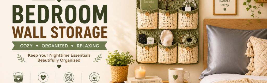 Crochet bedroom wall organizer with storage pockets for books, phone, charger, glasses, and bedside essentials.
