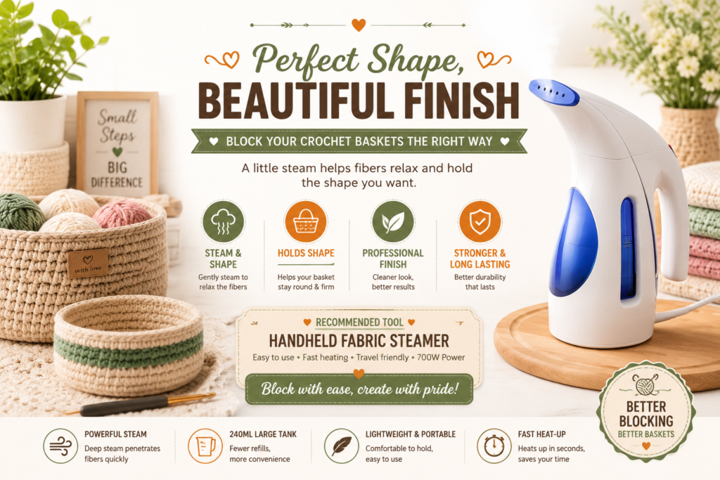 Block crochet baskets with a handheld fabric steamer to remove curling and create a smooth, professional basket finish.