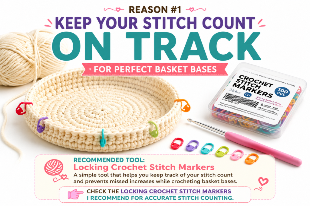 Keep your stitch count on track using locking stitch markers to crochet a flat basket base without curling or uneven edges.