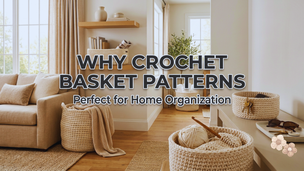 Handmade crochet basket patterns showing beautiful and practical home organization ideas in a cozy modern farmhouse interior.