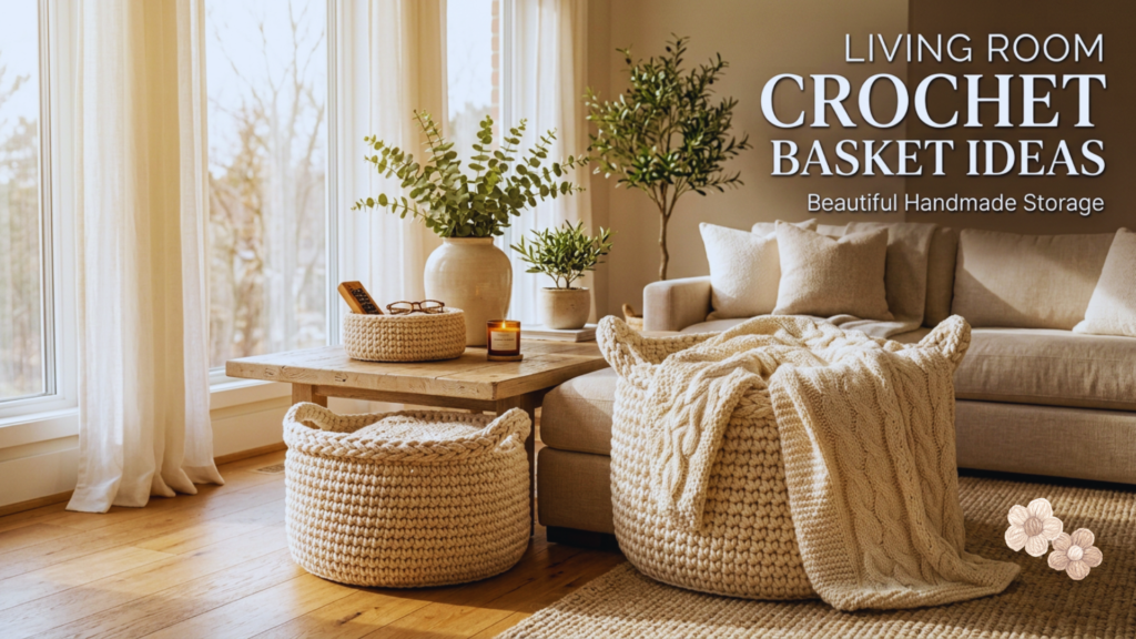 Living room crochet basket ideas with handmade storage baskets for blankets, books, remotes, and home organization.