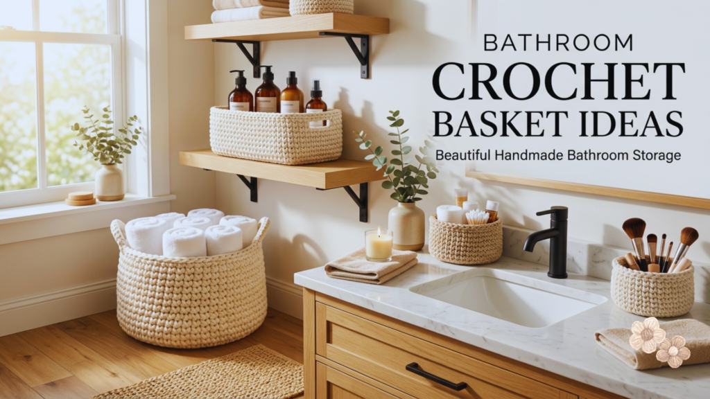 Bathroom crochet basket ideas featuring handmade storage baskets for towels, toiletries, and bathroom organization.