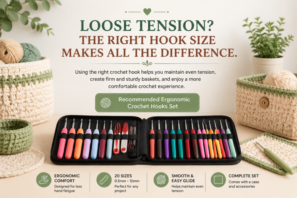 Use ergonomic crochet hooks to maintain even tension and create firm, sturdy crochet baskets that hold their shape.