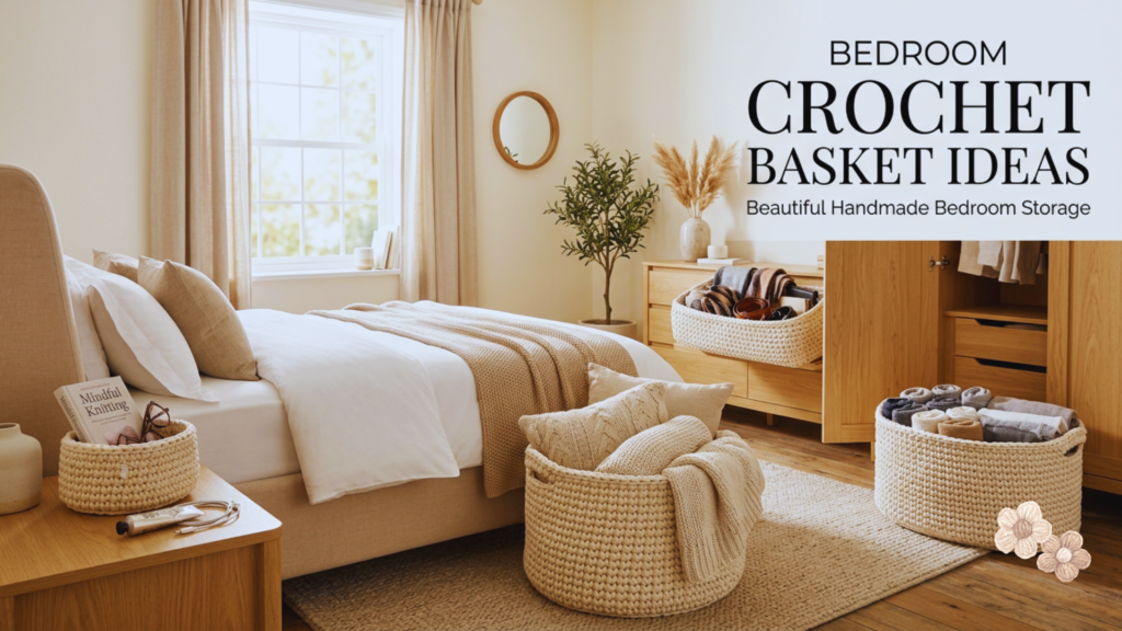 Bedroom crochet basket ideas with handmade storage baskets for blankets, clothing accessories, and bedroom organization.