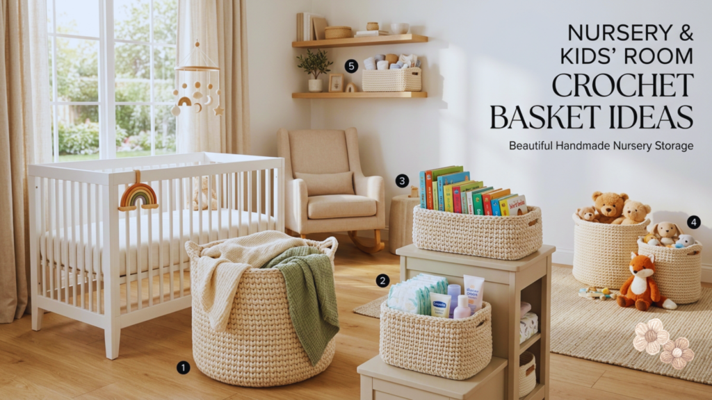 Nursery and kids' room crochet basket ideas featuring handmade storage baskets for diapers, toys, books, and baby essentials.