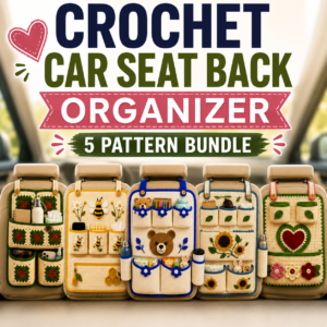 Crochet Car Seat Back Organizer – 5-Pattern Digital Bundle (Bee, Bear, Heart, Sunflower & Granny Square Designs)