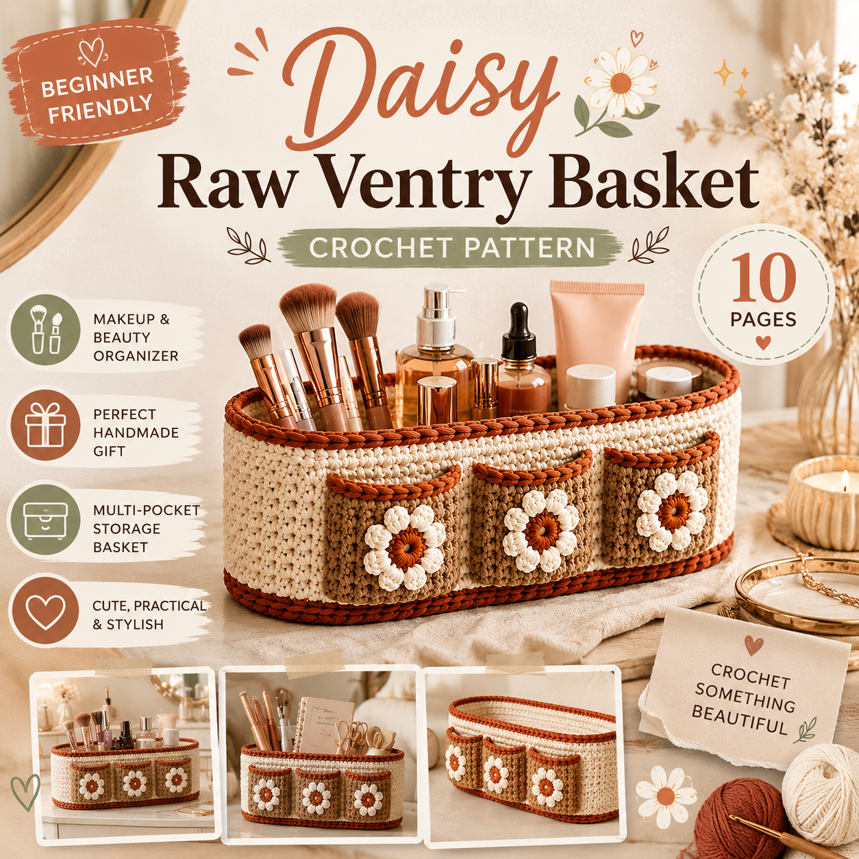 Finished, it's a cream basket trimmed in warm terracotta, with just enough structure to hold its shape on a dresser, bathroom shelf, or craft table.