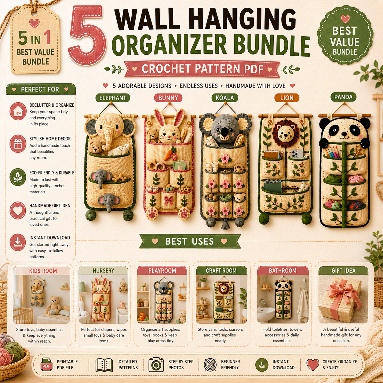 elephant wall hanging organizer crochet pattern