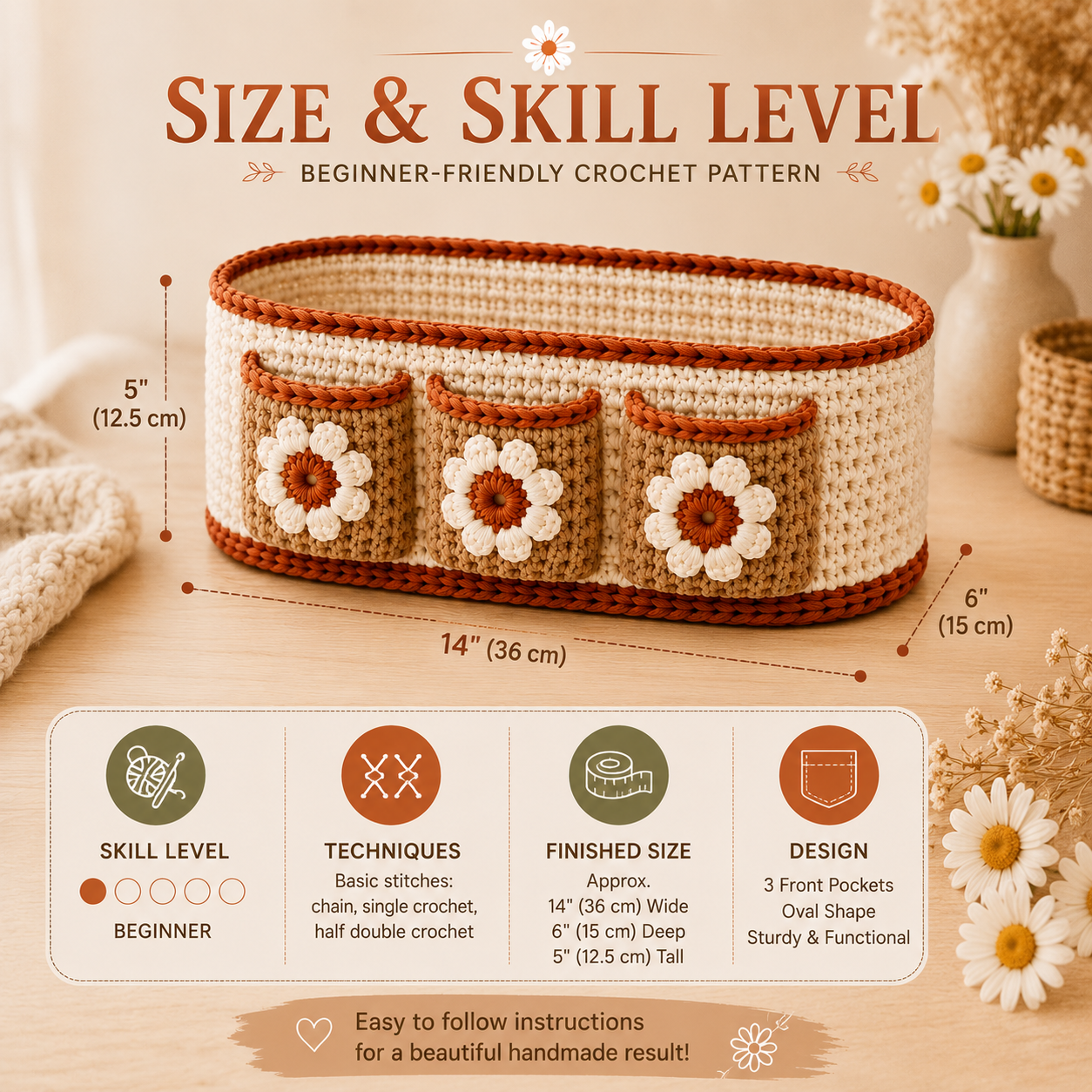 Meet the Daisy Row Vanity Basket — a digital crochet pattern for a long oval organizer basket with three front pockets and a daisy on each one. This is a PDF pattern, not a finished basket, so you'll be making it yourself from written instructions, stitch counts, and diagrams.