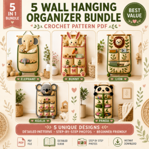 5 wall hanging organizer crochet pattern bundle elephant bunny lion koala panda