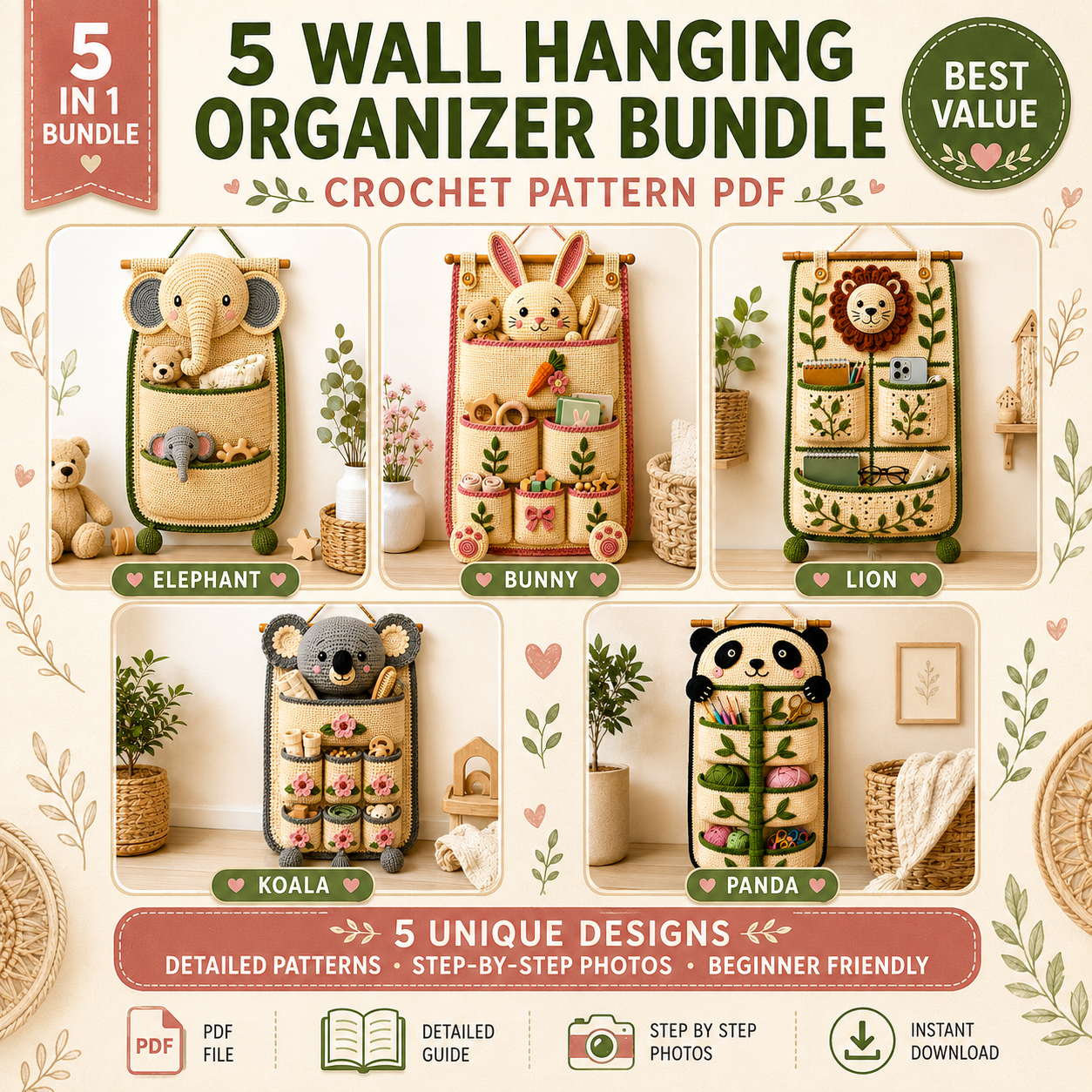5 wall hanging organizer crochet pattern bundle elephant bunny lion koala panda