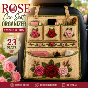 Rose Crochet Car Seat Back Organizer Pattern PDF – Hanging Vehicle Storage Caddy with Pockets, Floral Crochet Design & Road Trip Organizer
