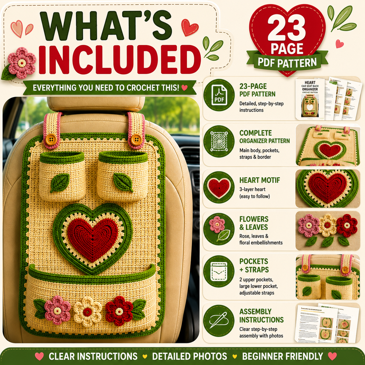 Crochet car seat back organizer digital PDF pattern featuring a practical three-pocket storage design, layered heart motif, three colorful crochet flowers, green leaves, decorative border and adjustable headrest straps. The 23-page pattern provides materials, gauge, measurements, US crochet abbreviations, main body, pockets, heart applique, floral motifs, straps, placement, assembly, finishing, care and troubleshooting instructions.