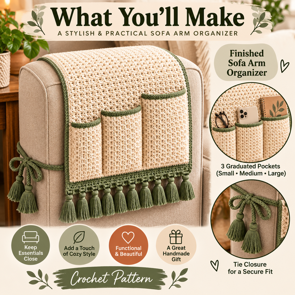 Lifestyle graphic showing who the Cozy Corner Sofa Arm Organizer crochet pattern is best for: cozy movie nights, reading corners, gift-giving for crochet lovers, and anyone who wants their remote, phone, and book within easy reach on the couch. Beginner-friendly PDF crochet pattern digital download from Planners Dreams Art, perfect for confident, first-time crocheters.