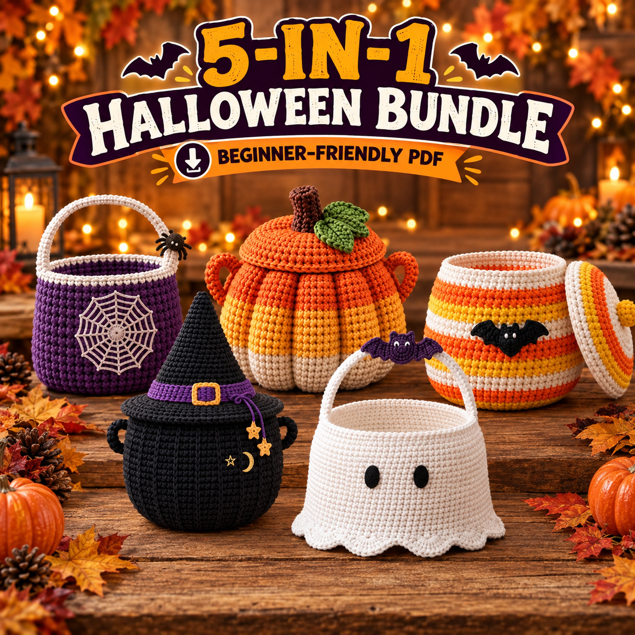 5 Halloween Crochet Basket Patterns Bundle PDF | Pumpkin Pot, Spiderweb, Witch Hat, Candy Corn & Ghost Treat Basket | Beginner-Friendly Digital Download